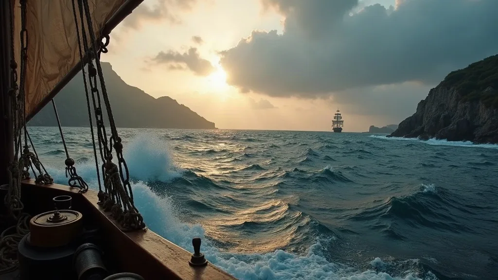 Vue depuis un voilier sur des vagues écumantes, un navire à l'horizon et des falaises rocheuses au coucher de soleil.