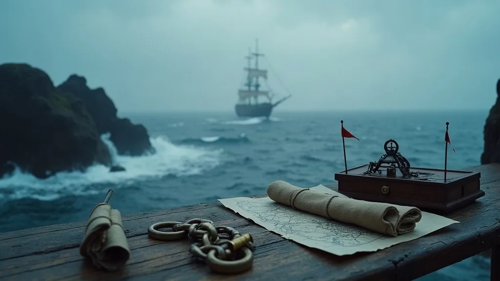 Carte marine, télescope et cordages sur un quai face à un navire à voiles ancré en mer agitée.