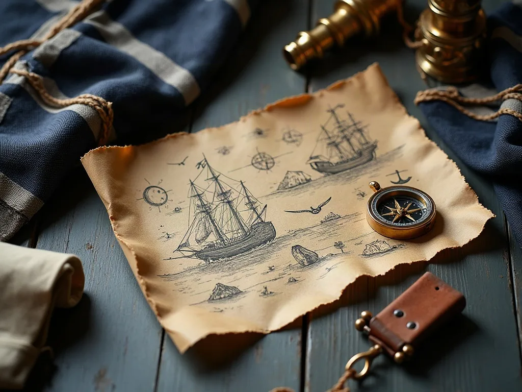 Carte au trésor dessinée à l'encre sur papier vieilli, boussole en laiton et toile marine sur planches grises.
