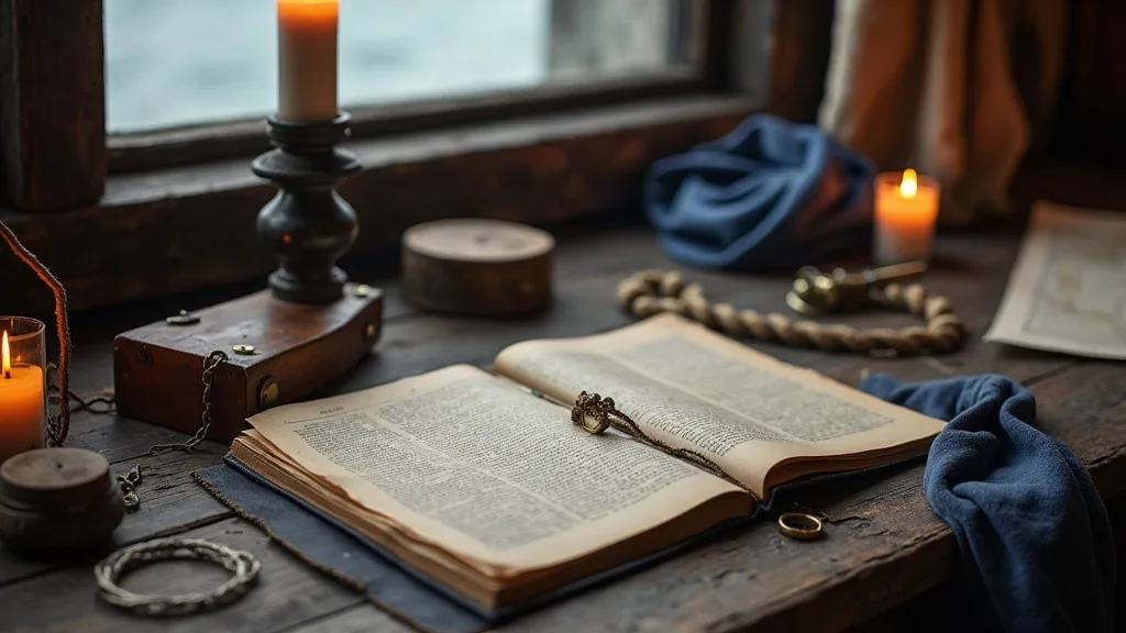 Livre ouvert sur une table de bois usée, médaillon posé entre les pages, bougies et étoffe bleue autour.
