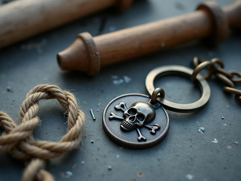 Médaillon de zinc vieilli à tête de mort sur pierre grise, entre une corde nouée et un manche en bois.