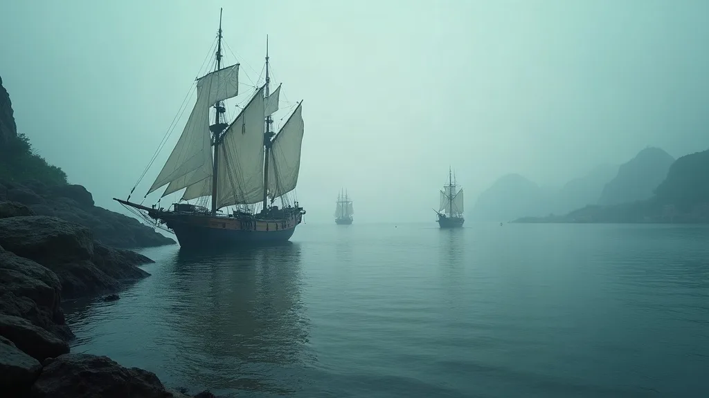 Navires à voiles traditionnels ancrés dans un port brumeux au lever du jour, avec rochers en premier plan.