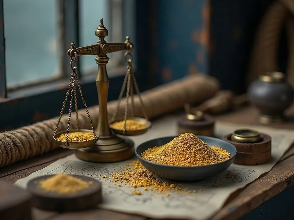 Balance de laiton et bol de poudre d'or fin sur une table de bois, près d'une fenêtre.