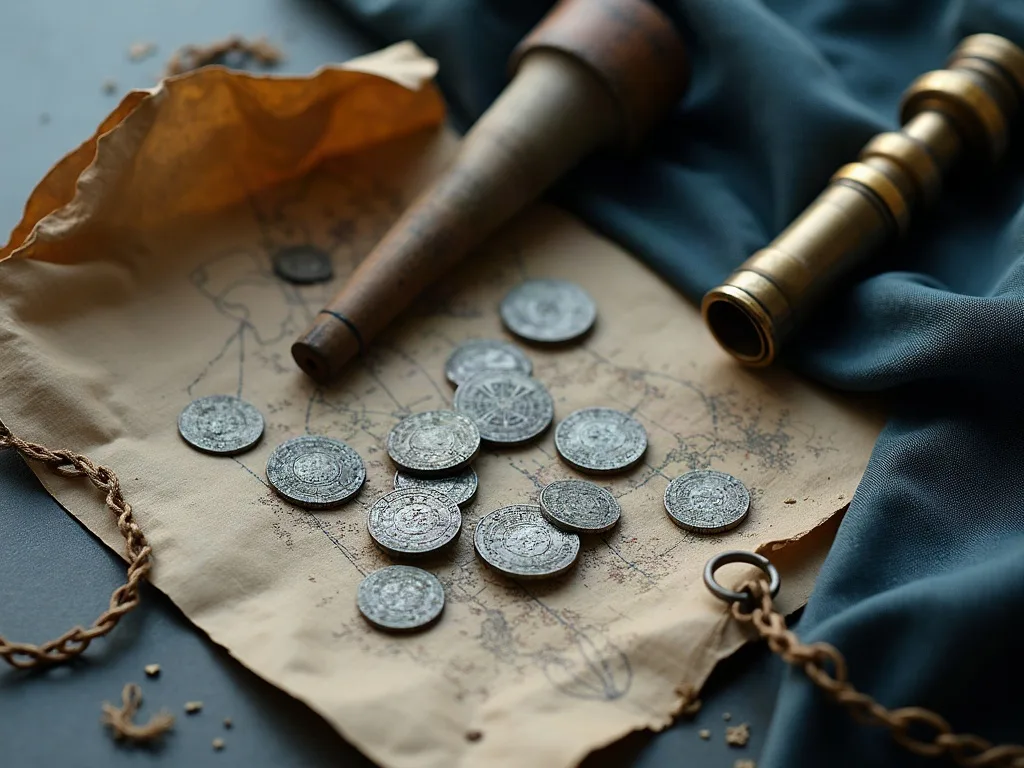 Monnaies d'argent frappées irrégulièrement posées sur une carte de papier vieilli, près d'une longue-vue de laiton et d'un cordage tressé.