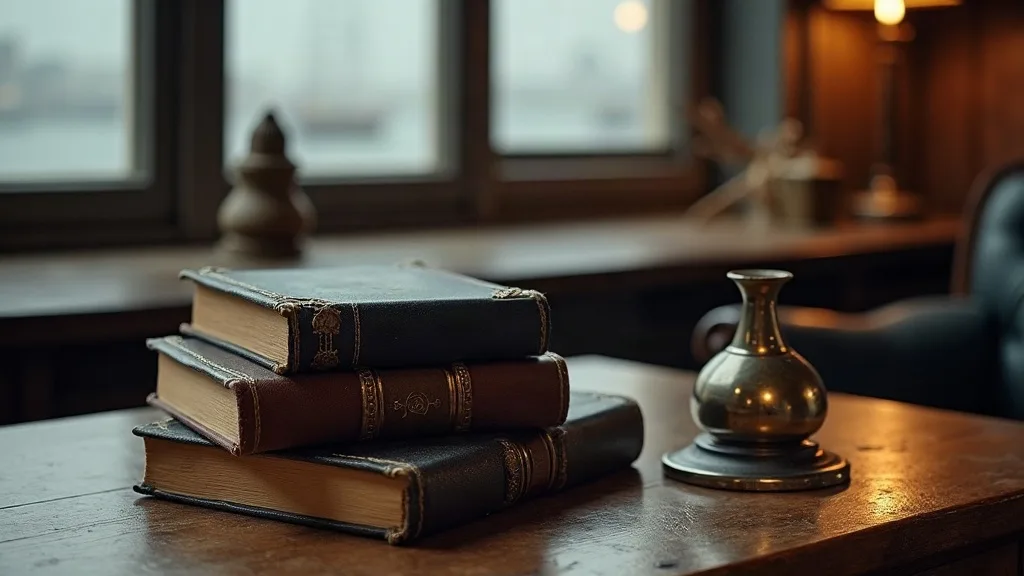 Trois volumes reliés en cuir empilés sur une table en bois, près d'un vase de laiton, devant une fenêtre.