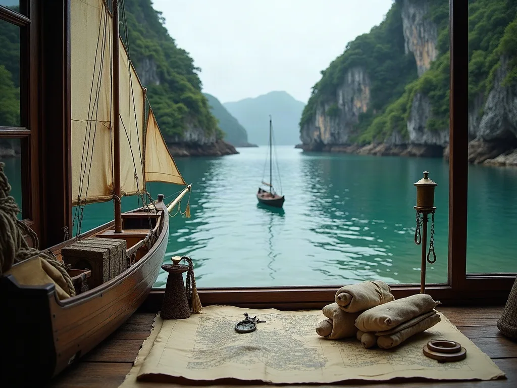 Devant la fenêtre ouverte sur la baie turquoise, carte marine, compas et sacs de toile près d'une barque à voile.