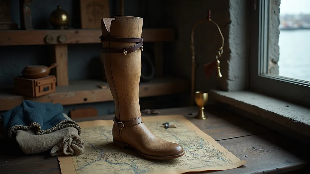 Prothèse de jambe en bois sanglée de cuir et bouclée en laiton, posée sur une carte ancienne près d'une fenêtre d'atelier.