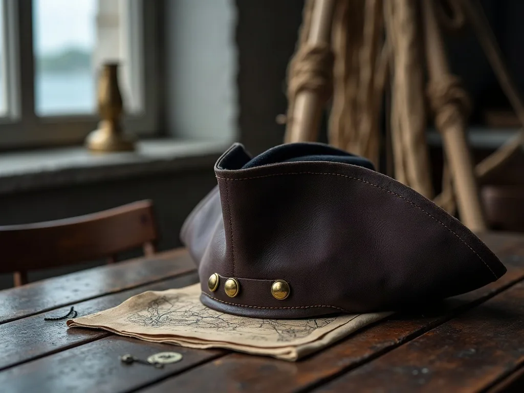 Tricorne en cuir PU brun vieilli, bords repliés maintenus par trois boutons de laiton, posé sur une carte et une table en bois sombre.