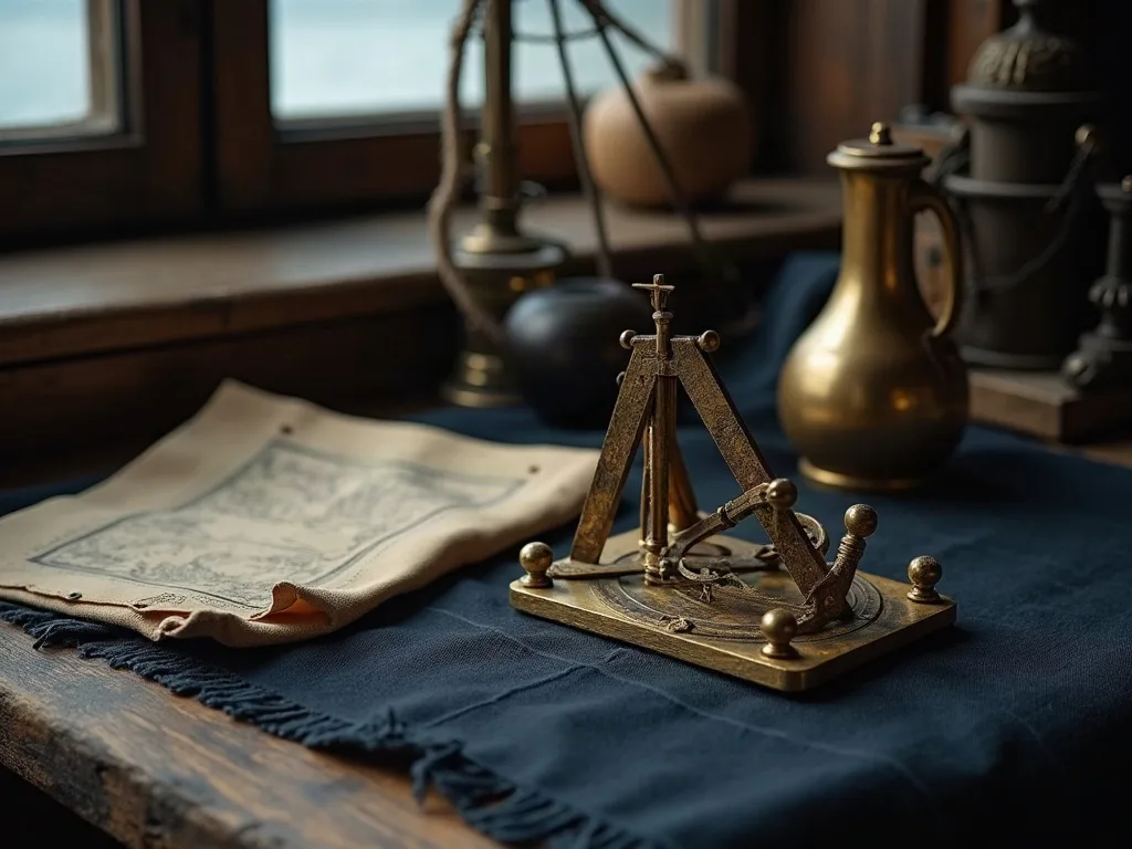 Instrument de navigation en laiton patiné posé sur un drap bleu foncé, près d'une carte roulée et d'une aiguière.