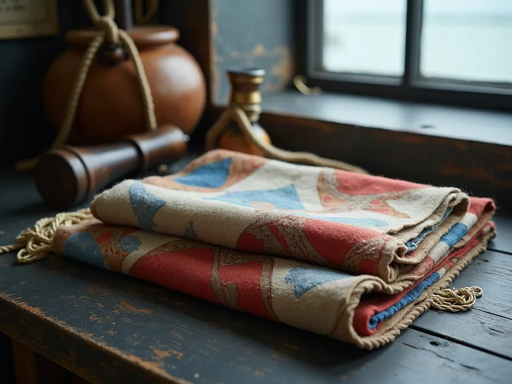 Toiles pliées à motifs rouges et bleus, bords cordés, posées sur une table de bois sombre près d'une fenêtre.