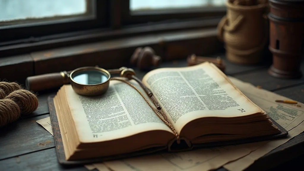 Ouvrage ancien aux pages jaunies posé à plat sur un bureau en bois sombre, loupe de laiton à portée de main.