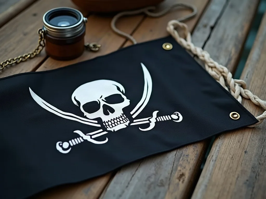 Drapeau noir en polyester à tête de mort et sabres croisés, œillets en laiton et cordage tressé sur planches de bois.