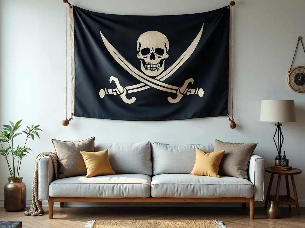 Drapeau pirate en tissu tendu par des cordes et crochets muraux, au-dessus d'un canapé gris clair.