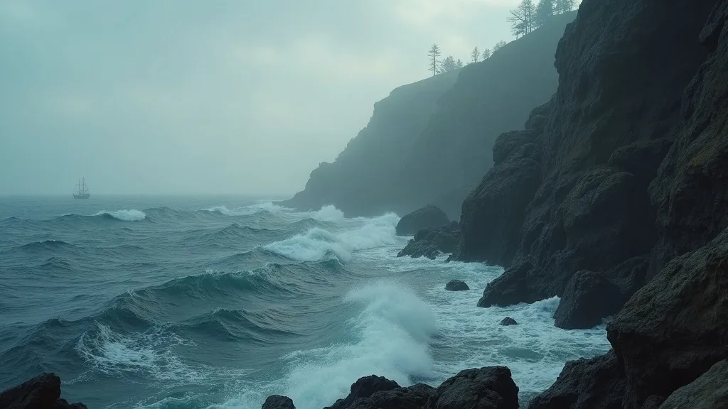 Vagues de l'Atlantique s'écrasant contre des falaises rocheuses avec un voilier visible à l'horizon dans le brouillard.
