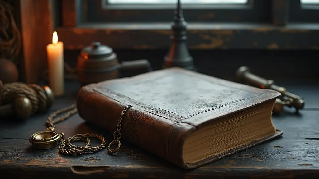 Un volume relié de cuir usé, fermé sur une table sombre près d'une bougie, d'une boussole de laiton et de cordages.