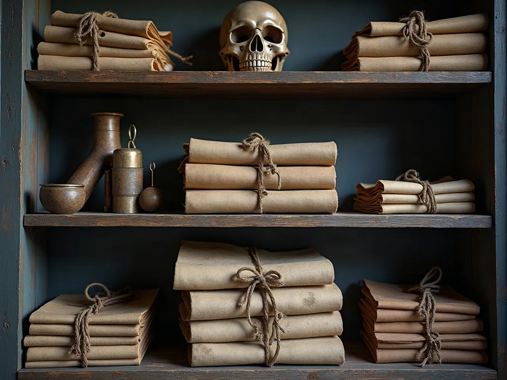 Liasses de documents pliés et ficelés de cordelette sur des étagères en bois patiné, à côté d'un crâne et d'objets en laiton.