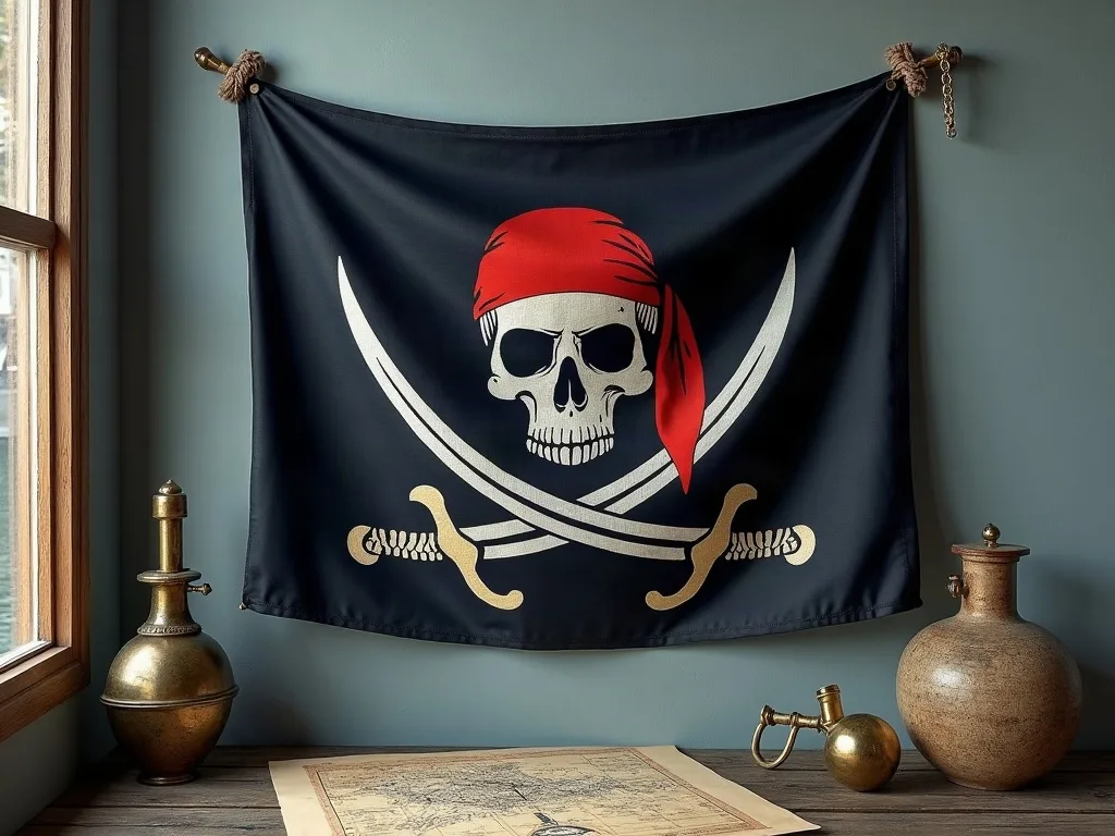 Drapeau noir au crâne et sabres croisés, tendu par des cordages sur un mur gris, entre carafes de laiton et carte ancienne.