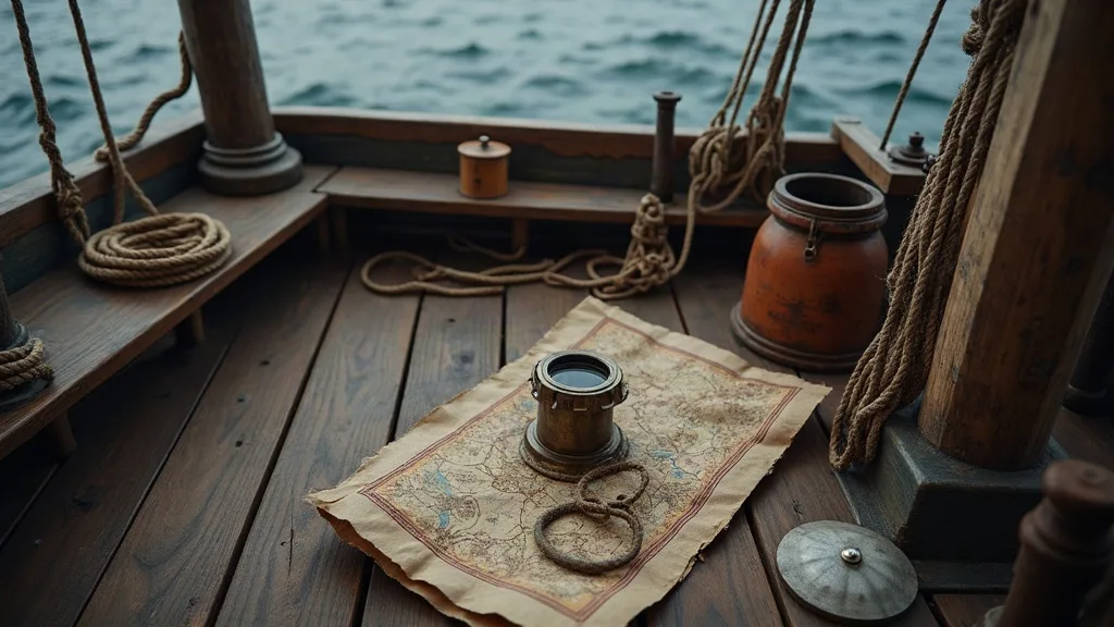 Sur le pont en bois calfaté, une carte usée, un compas de laiton et des cordages lovés face à la mer.