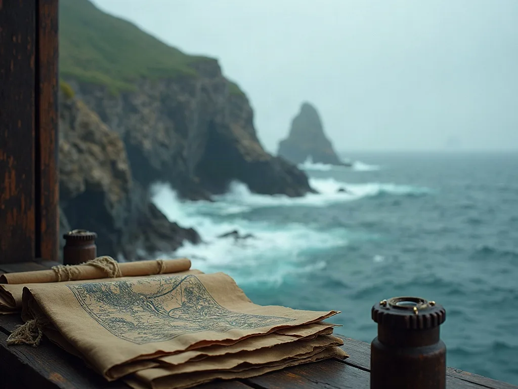 Cartes marines et boussole sur une table en bois face à des falaises rocheuses et mer agitée.