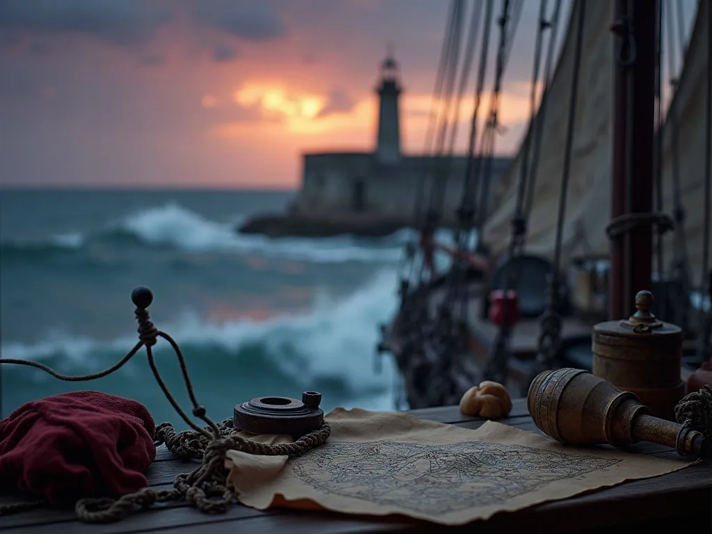 Carte marine, cordages et instruments de navigation sur le pont d'un voilier au coucher de soleil, phare en silhouette à l'horizon.
