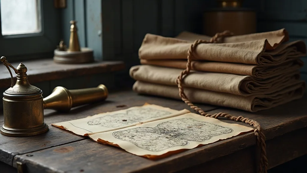Sur un plan de travail en bois, toiles de lin pliées liées d'une corde, encrier en laiton et feuille de parchemin aux cartes dessinées.