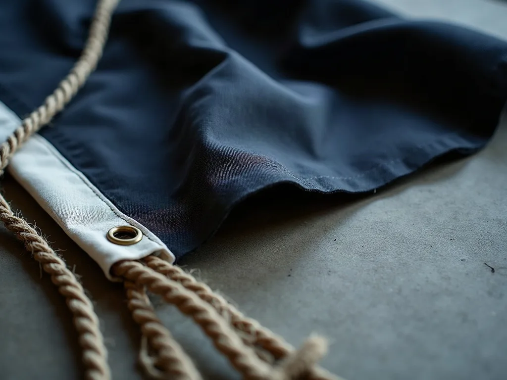 Bande de renfort blanche, œillet en laiton et double surpiqûre sur la lisière du pavillon bleu nuit, cordage tressé en attente.