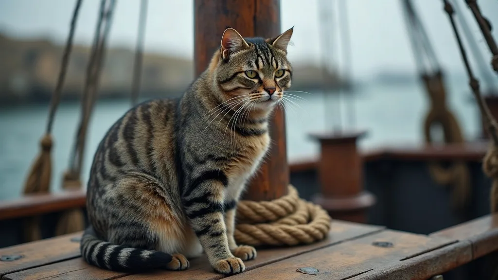 Un chat tigré assis sur les planches usées d'un pont de voilier, près d'un cordage de chanvre lové au pied du mât.