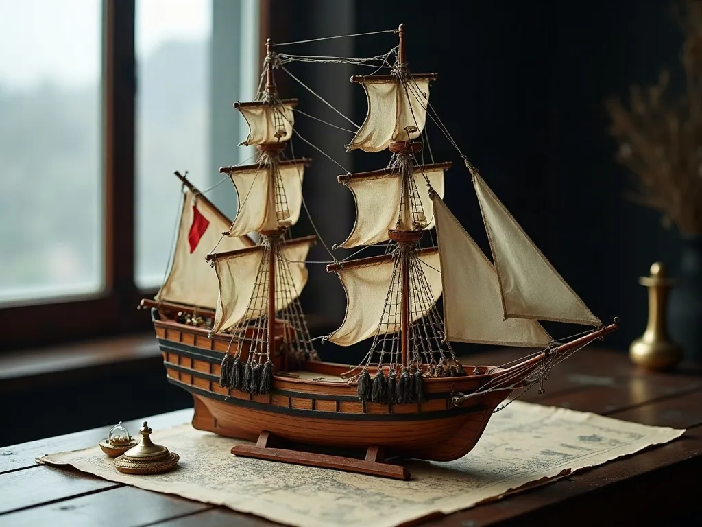 Maquette en bois d'un voilier ancien, gréement fin et voiles de toile écrue, posée sur une carte marine près d'une fenêtre.