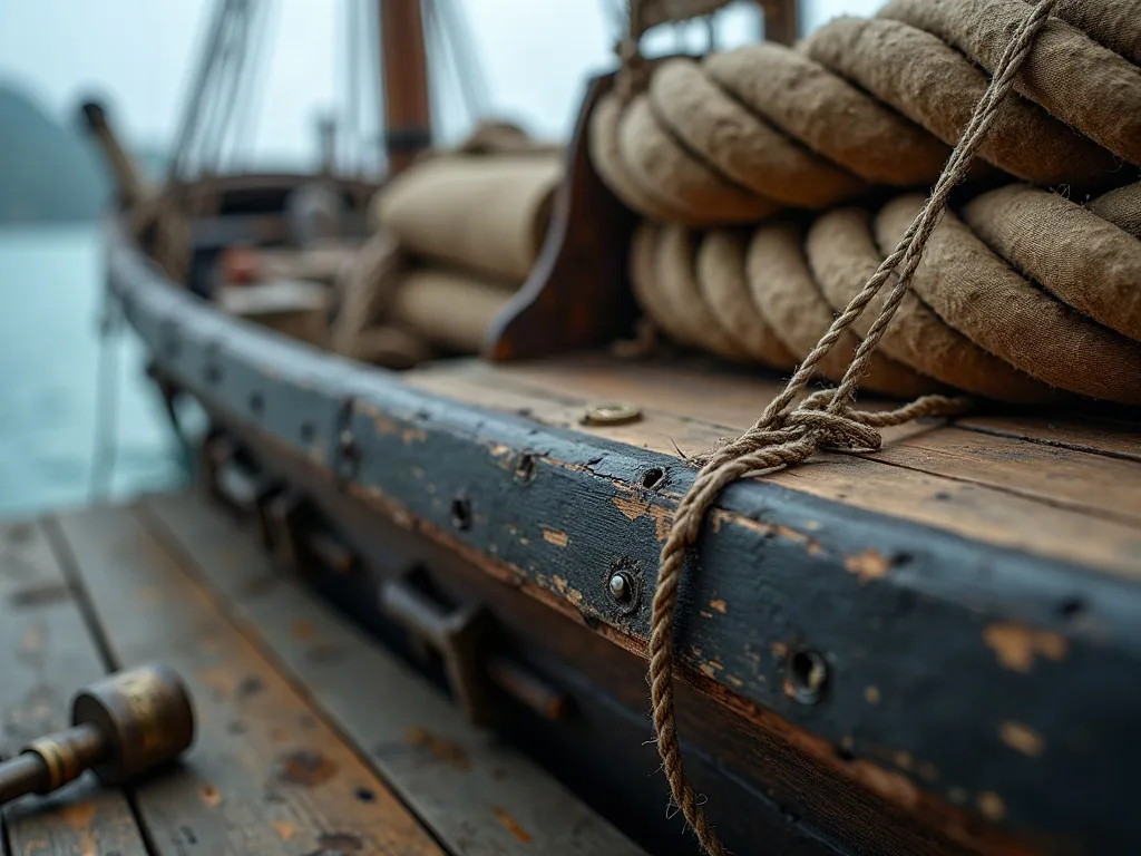 Corde enroulée sur la coque usée d'un sampan traditionnel, avec cordages empilés en arrière-plan.