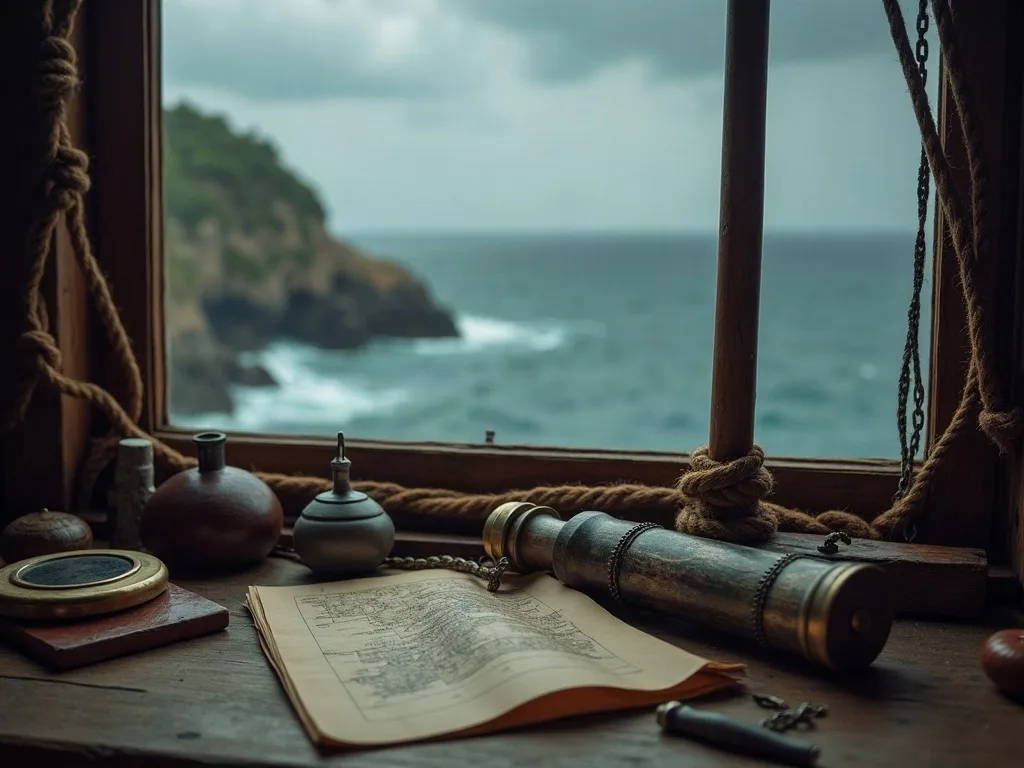 Carte marine, télescope et compas sur une table face à l'océan tumultueux et la côte rocheuse.