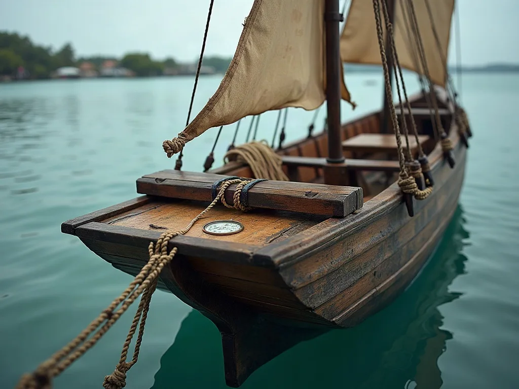 Proue d'une barque en bois aux voiles de toile écrue, cordages lovés et boussole posée sur le pont, sur une eau turquoise peu profonde.