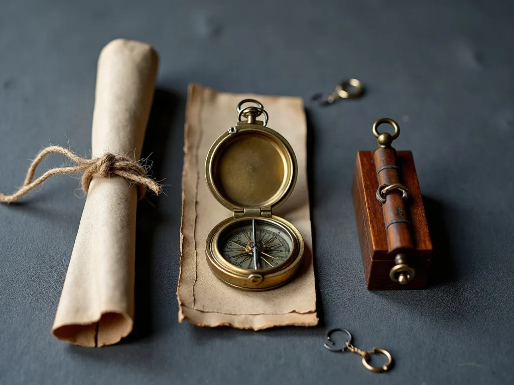 Sur un fond gris ardoise, une boussole de poche en laiton ouverte, un parchemin roulé lié de ficelle et un petit coffret en bois.