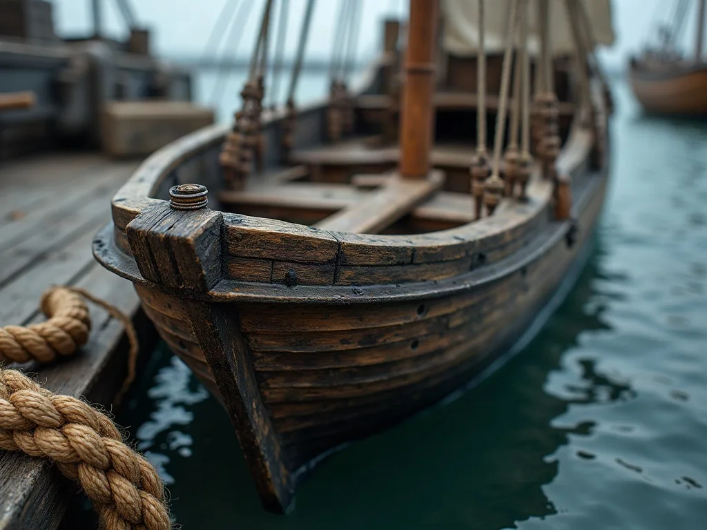 Proue en bois patiné d'un bateau traditionnel amarré, avec cordage en chanvre et quille visible dans l'eau peu profonde.