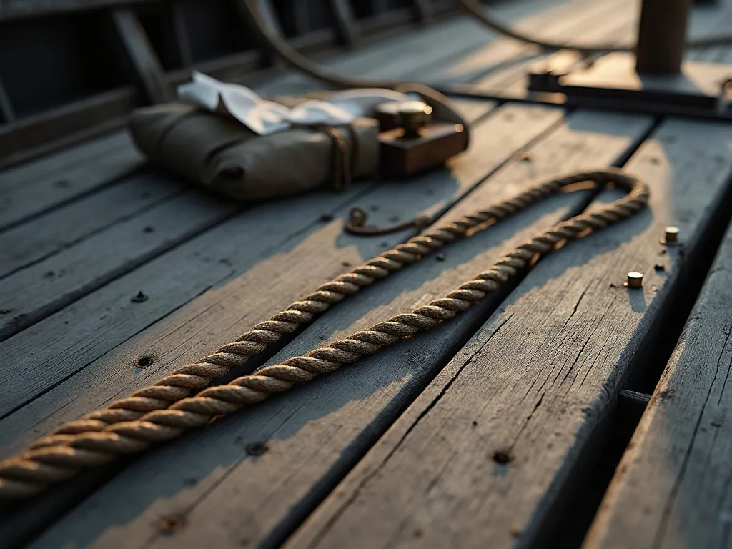 Cordages de chanvre enroulés sur le pont de bois usé d'un navire, éclairés par la lumière dorée du coucher de soleil.