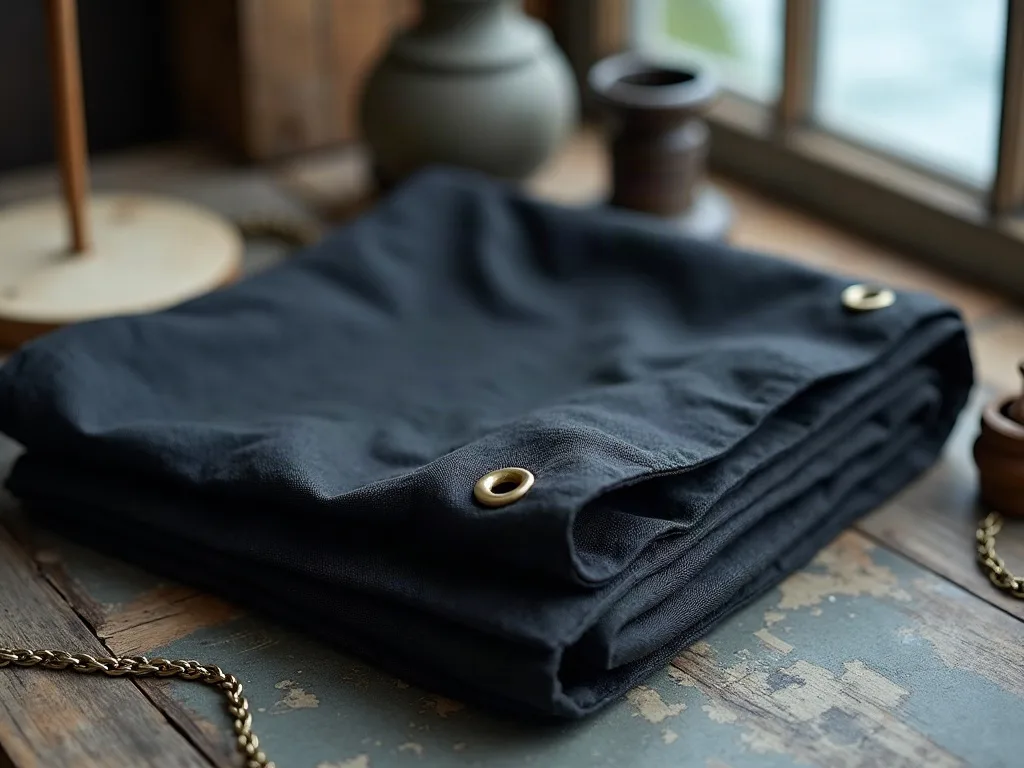 Toile noire pliée sur une table en bois écaillé, deux œillets en laiton posés sur l'ourlet renforcé.