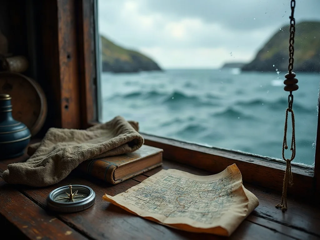 Carte ancienne, boussole et livre posés sur le rebord d'un hublot avec vue sur la mer agitée et la côte rocheuse.