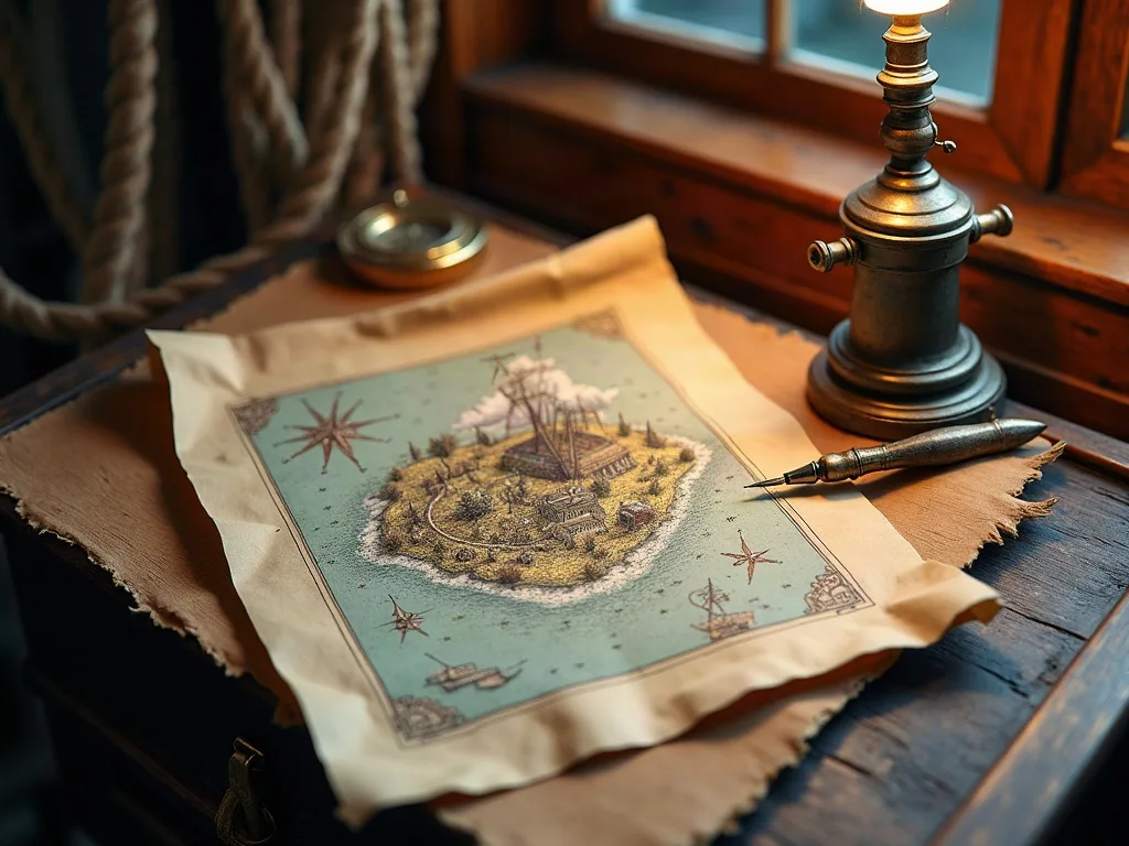 Carte d'île dessinée à la main sur papier vieilli, posée près d'une boussole en laiton et d'un porte-plume, sous la lampe.