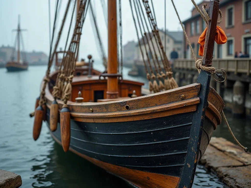 Étrave d'un voilier en bois amarré au quai, coque noire à clins, avirons rangés le long du bordé.