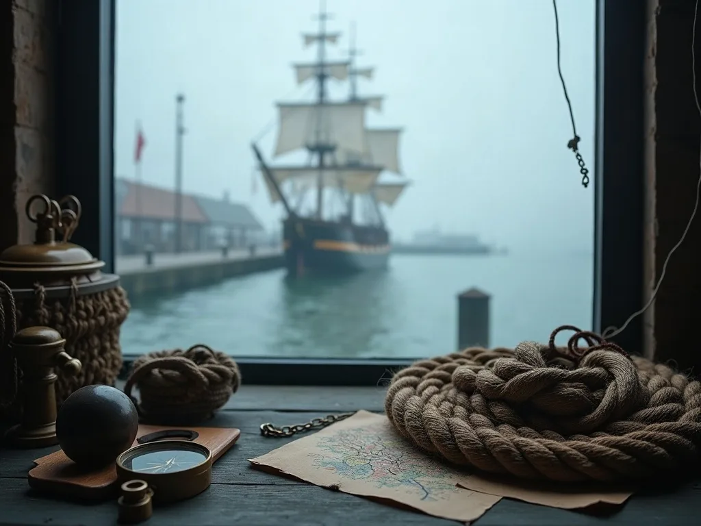 Cordage enroulé sur une table en bois face à un voilier ancré dans un port embrumé.