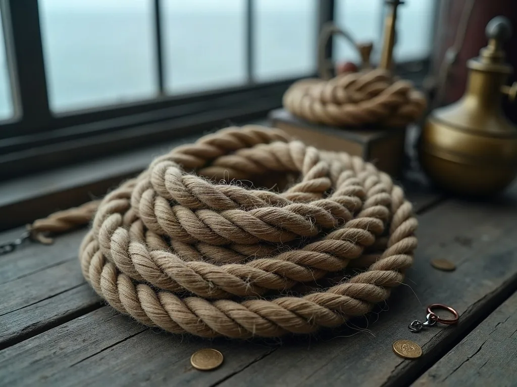 Cordages de chanvre enroulés sur le pont en bois usé d'un navire ancien, patiné par le sel et l'eau.