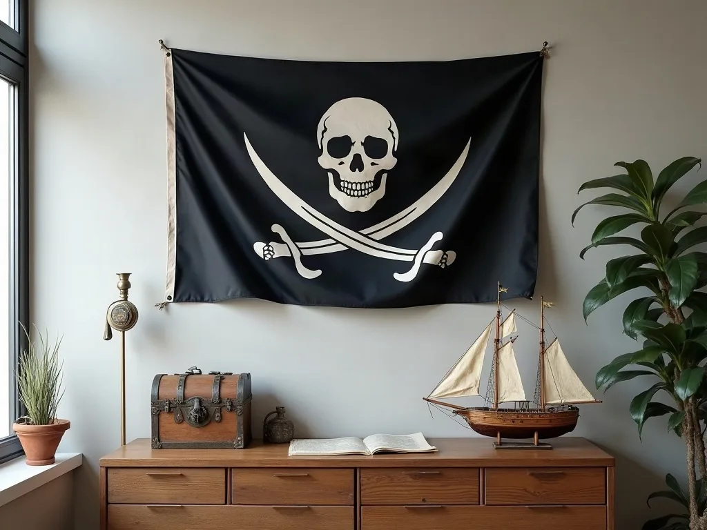 Drapeau noir à tête de mort tendu au mur, avec coffre en bois, livre ouvert et maquette de voilier sur la commode.
