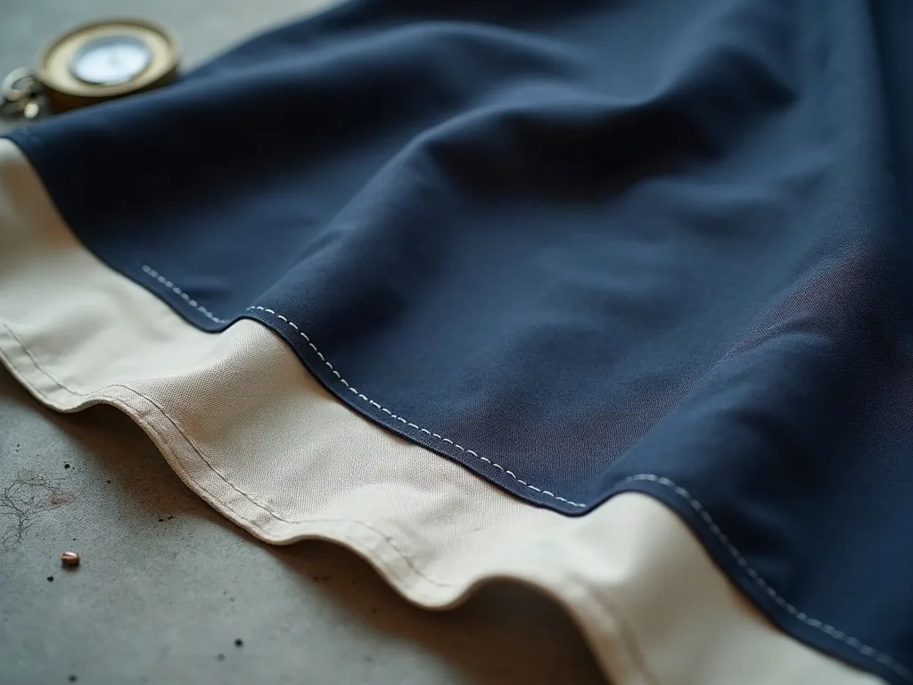 Ourlet piqué au fil blanc entre le tissu bleu marine et la bande de guindant écrue, posé sur béton.