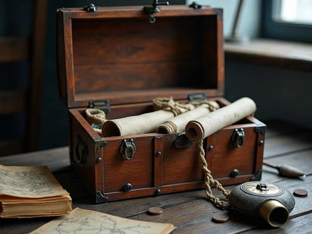 Un petit coffre de bord ouvert, cerclé de ferrures, contenant des rouleaux de parchemin et une cordelette tressée, posé sur un bureau en bois sombre avec cartes et quelques pièces.