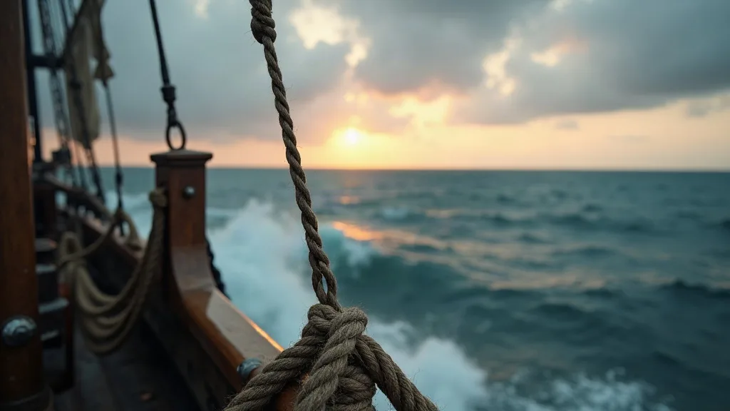 Cordage de navire au premier plan, mer agitée et coucher de soleil à l'horizon.