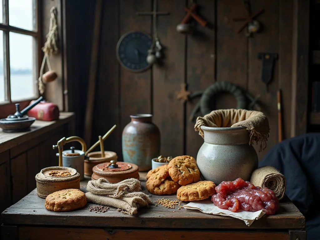 Biscuits de mer, cruche en grès, sac de toile et viande salée posés sur une table de bois près d'une fenêtre.