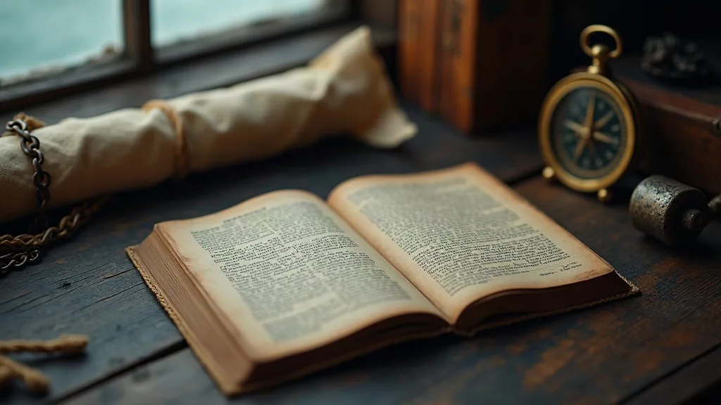 Livre ancien ouvert sur un bureau en bois sombre, entre toile roulée, chaîne rouillée et compas de laiton près de la fenêtre.