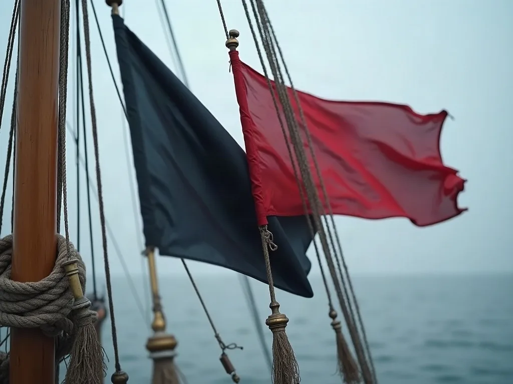 Un pavillon noir et un pavillon rouge, sans emblème, claquent au vent près d'un mât de bois cordé, au-dessus d'une mer grise.