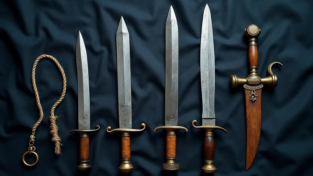Quatre lames anciennes à poignées de bois et garde en laiton, alignées sur un lin sombre froissé, près d'une corde à anneau.
