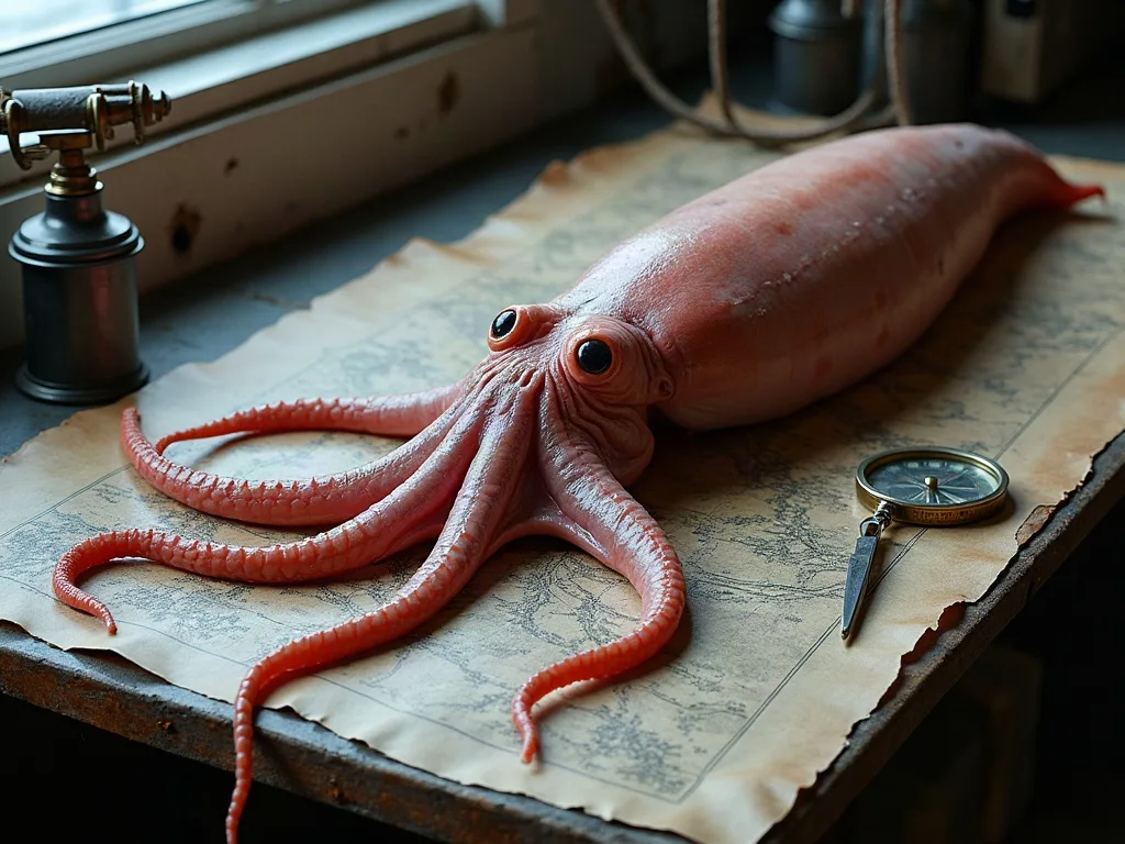 Calmar rosé posé sur une carte marine, tentacules déployés près d'un compas de laiton, sur une table métallique rouillée.
