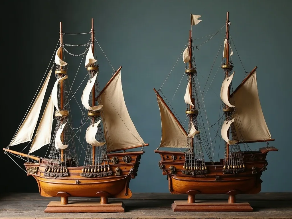 Deux maquettes de voiliers en bois sur socle, voiles de toile et gréement fin, posées sur un plateau usé.